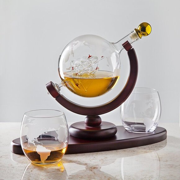 Godinger Whiskey Decanter Globe Set with 2 Etched Whiskey Glasses - Picture 1 of 11